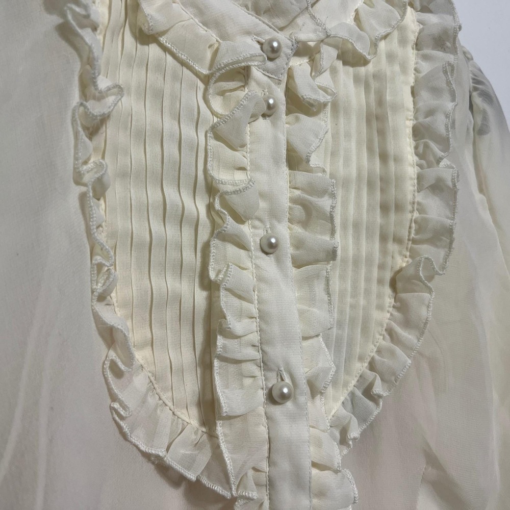 Vintage Womens Victorian Ivory Sheer Ruffle Top Size‎ M Pearl Buttons Ethereal - Picture 7 of 12
